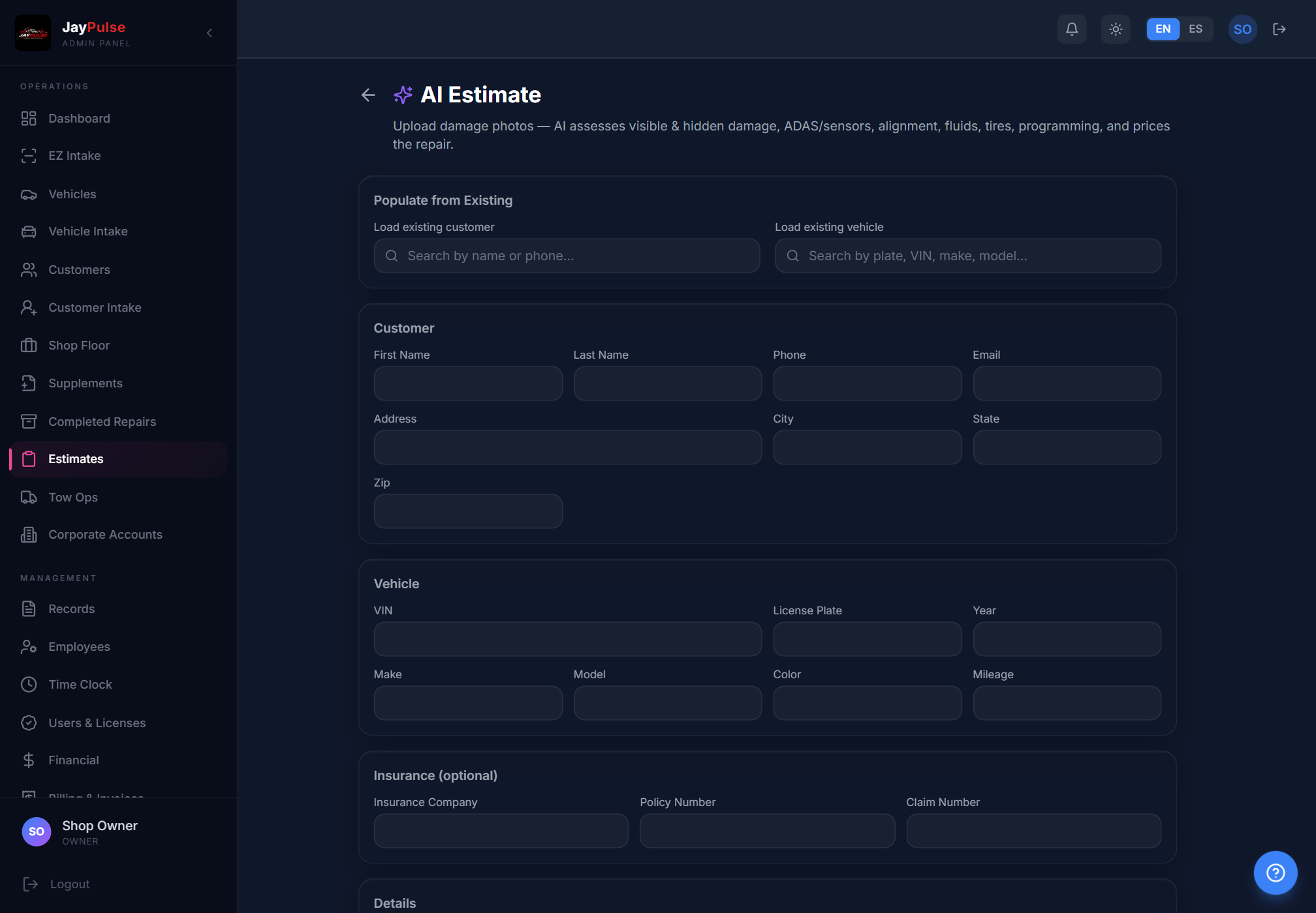 JayPulse AI Estimate tool — upload damage photos and AI assesses visible and hidden damage, ADAS/sensors, and prices the repair