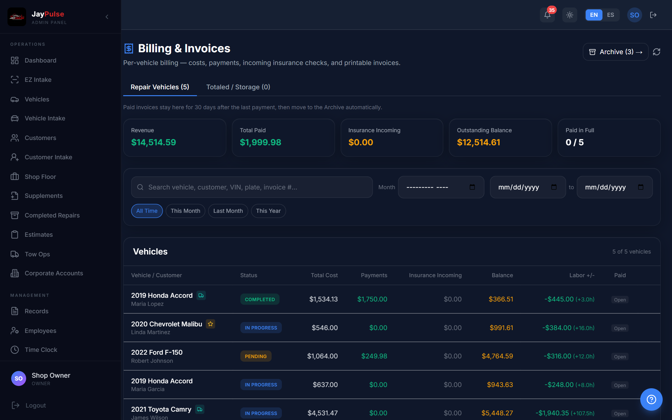 Billing and Invoices with per-vehicle costs, payments, and balances
