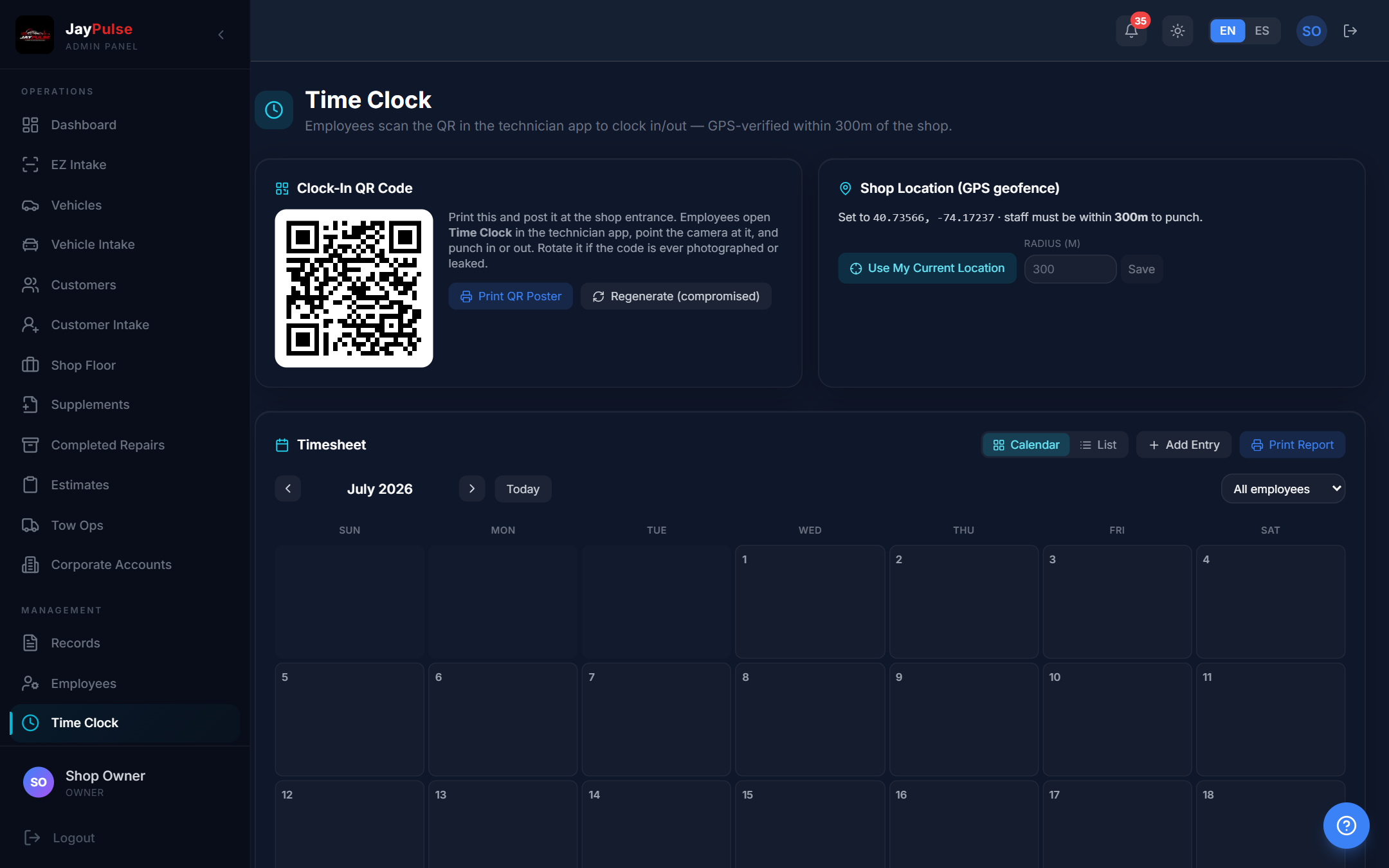 Time Clock with QR code, GPS geofence, and employee timesheet